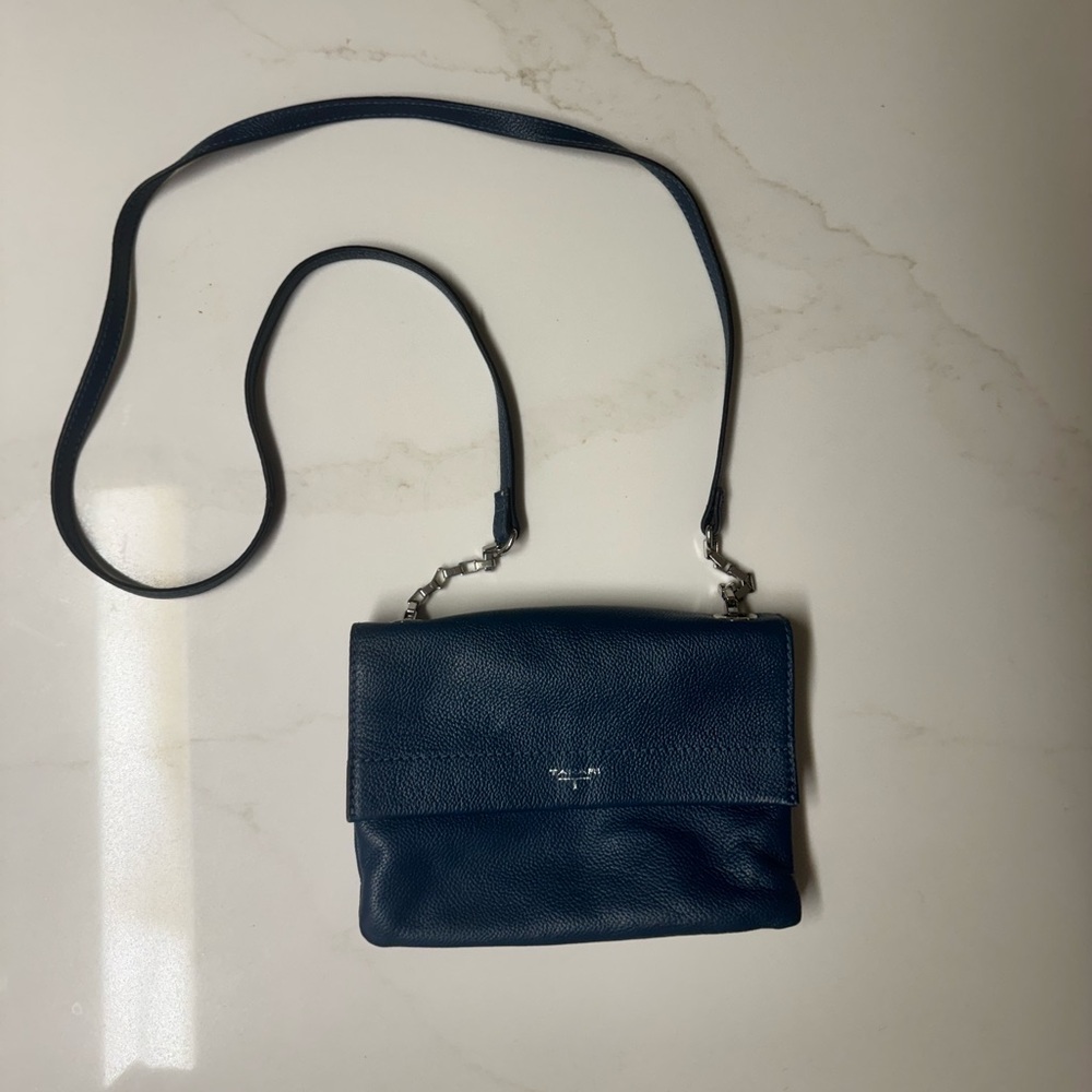 Tahari Farrah Crossbody Bag Purse Blue Pebbled Silver Chain Chic Soft Leather